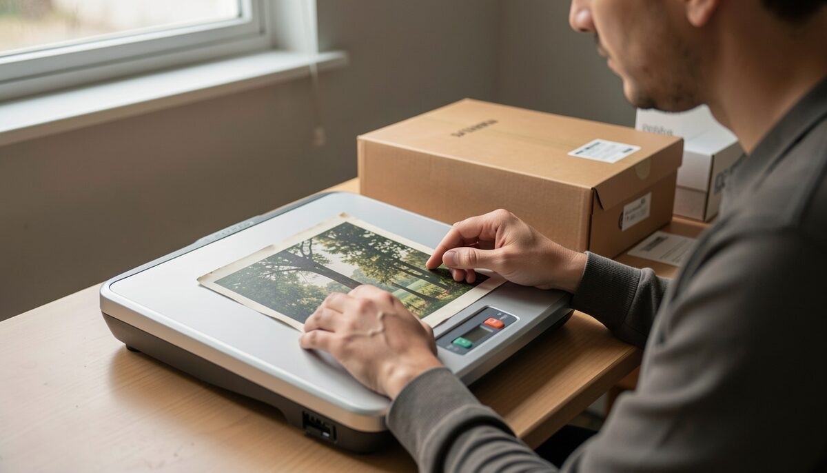 A person scanning an old photograph on a flatbed scanner in a small office, with archival boxes nearby.