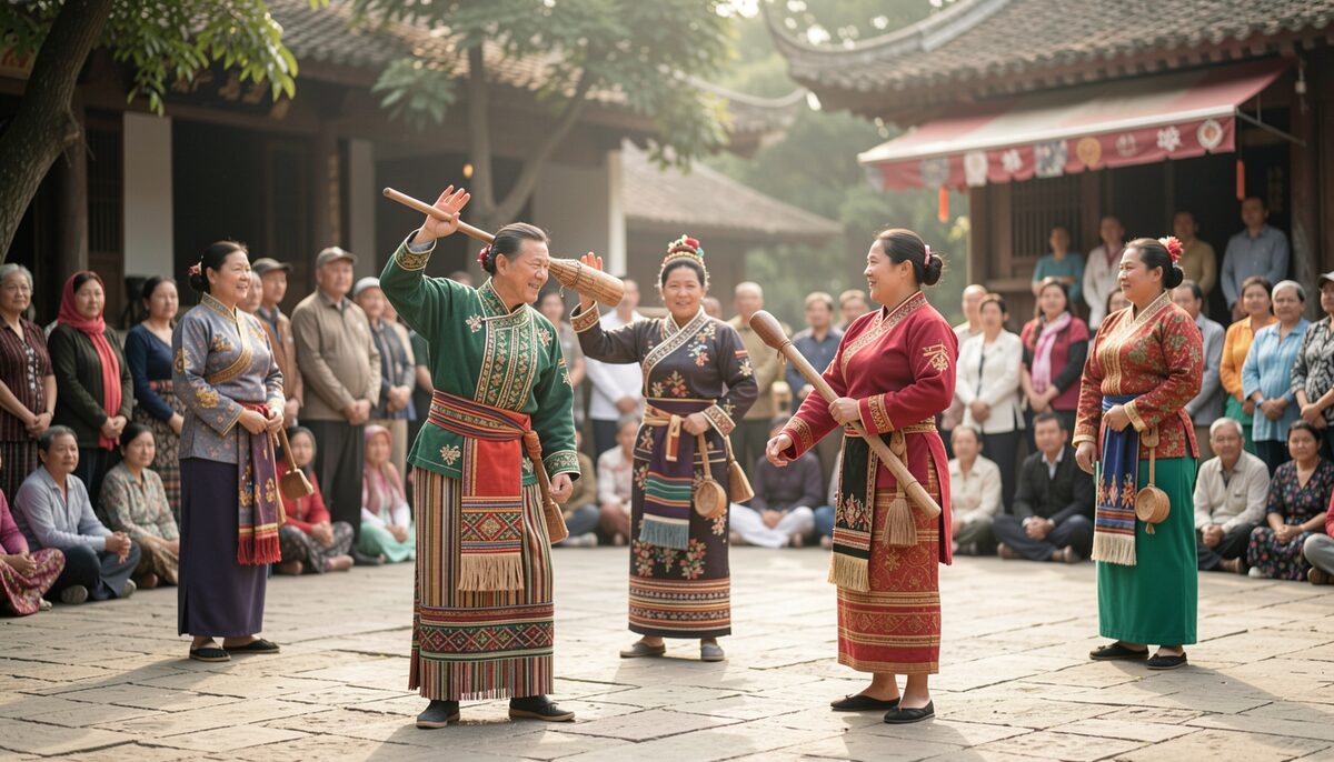 People in traditional clothing performing a dance or craft in an outdoor public space, with onlookers.