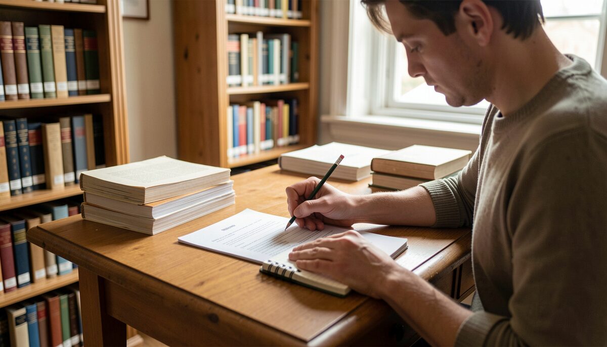 A researcher filling out a request form at a wooden desk in an archival reading room, with a pencil and notepad.
