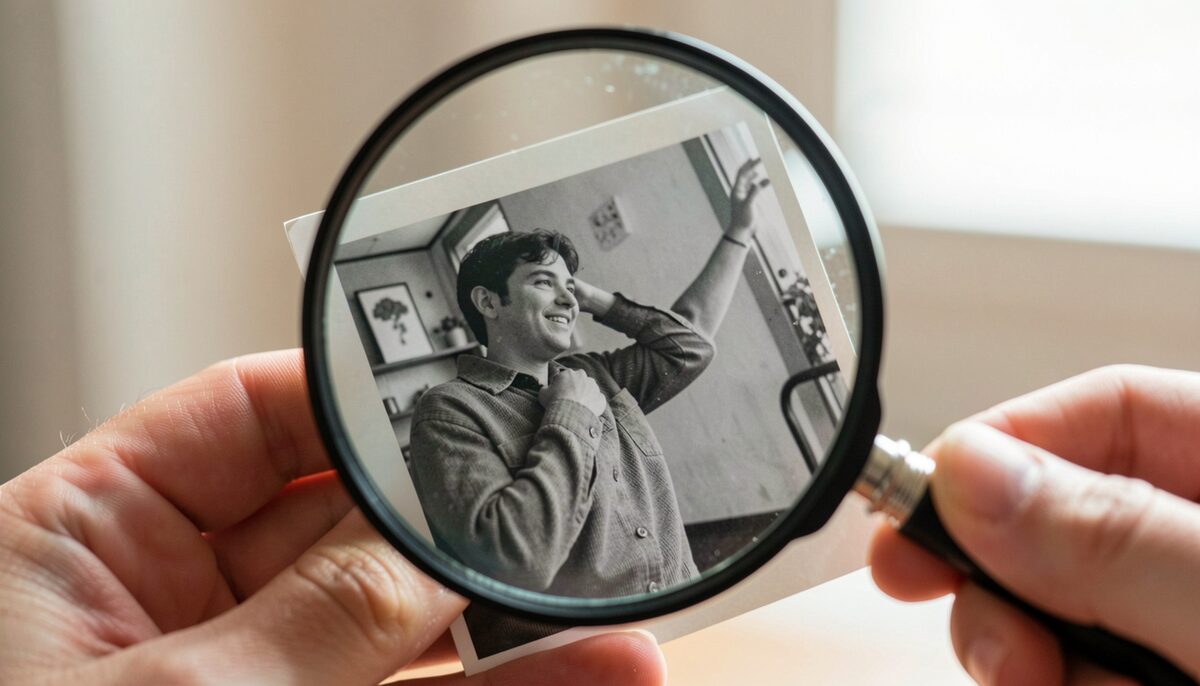 A close-up of a black and white photograph held under a magnifying glass, showing details of clothing and background.