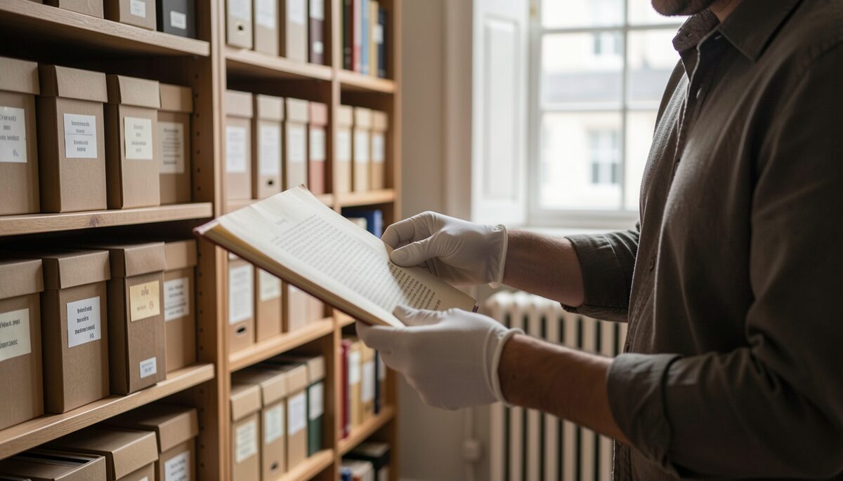 A librarian in white gloves carefully turning a fragile page in a reading room, with shelves of archival boxes behind.