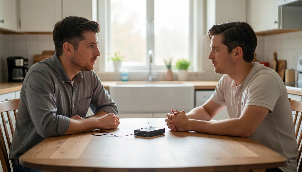 Two people sitting at a kitchen table with a small recorder between them, one listening attentively to the other.